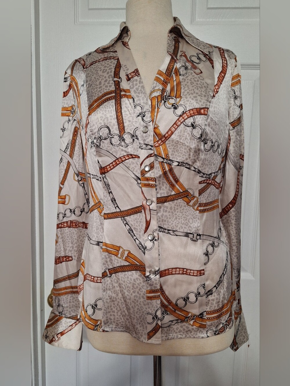 Cache Women's Chain-belt Chettah Animal Print ButtonUp Silk Blouse Long Sleeve M